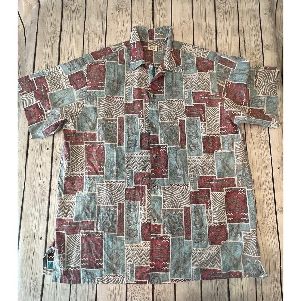 Go Barefoot Hawaiian Tradition Full Button Up Shirt XL Tall Red & Blue Beachy